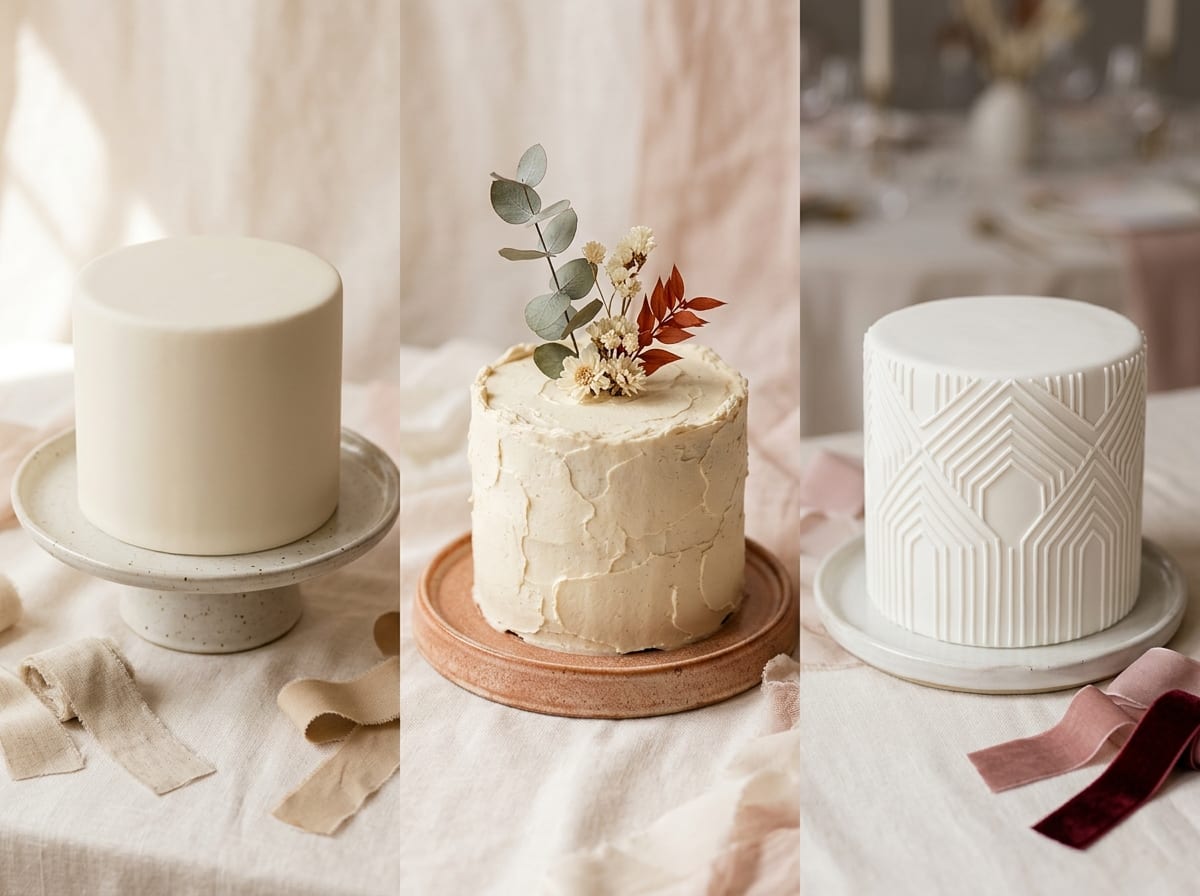 Trzy koncepcje wykończenia tortu weselnego obok siebie: gładki fondant, buttercream z akcentem roślinnym i nowoczesne linie lukru